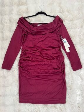 nine britton Off-Shoulder Ruched Bodycon Dress in Burgundy